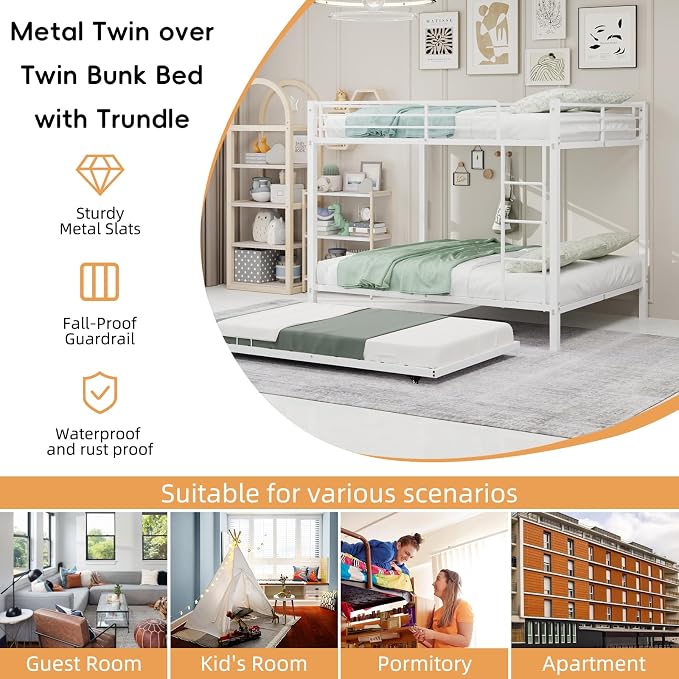 Metal Bunk Bed with Trundle, Space-Saving Bunk Bed Full Over Full with Ladders and Safety Guardrail, Heavy Duty Full Bed Frames, No Box Spring Needed and Noise Free(White)