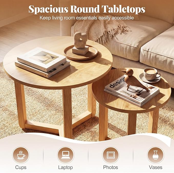 Giantex Round Nesting Coffee Table Set of 2, Wood Nesting End Tables with Thickened Top & Solid Rubber Wood Legs, Farmhouse Sofa Side Table for Small Spaces Living Room Bedroom (Natural)