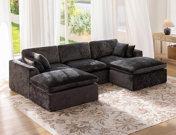 115" Modular Sectional Sofa – Modern Cloud Couch with Deep Chenille Seats, U-Shaped Boneless Sofa, Pet-Friendly, No Assembly, Gray (3 Seater + 2 Ottoman)