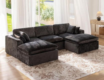 115" Modular Sectional Sofa – Modern Cloud Couch with Deep Chenille Seats, U-Shaped Boneless Sofa, Pet-Friendly, No Assembly, Gray (3 Seater + 2 Ottoman)
