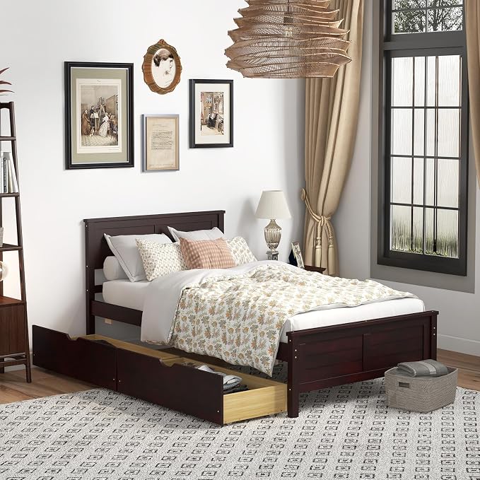 GOFLAME Twin Size Bed Frame with 2 Drawers, Platform Bed with Solid Wood Headboard & Footboard, Wood Slats Support Mattress Foundation, Under Bed Storage, No Box Spring Needed, Easy Assembly, Espresso