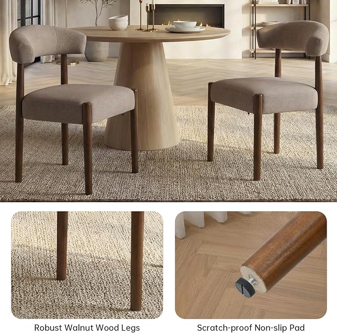 VKNOW Wooden Dining Chairs Set of 6, Modern Upholstered Dining Room Chairs with Walnut Wood Legs and Curved Backrest, Fabric Kitchen Chairs for Farmhouse/Living Room/Dining Room, Brown