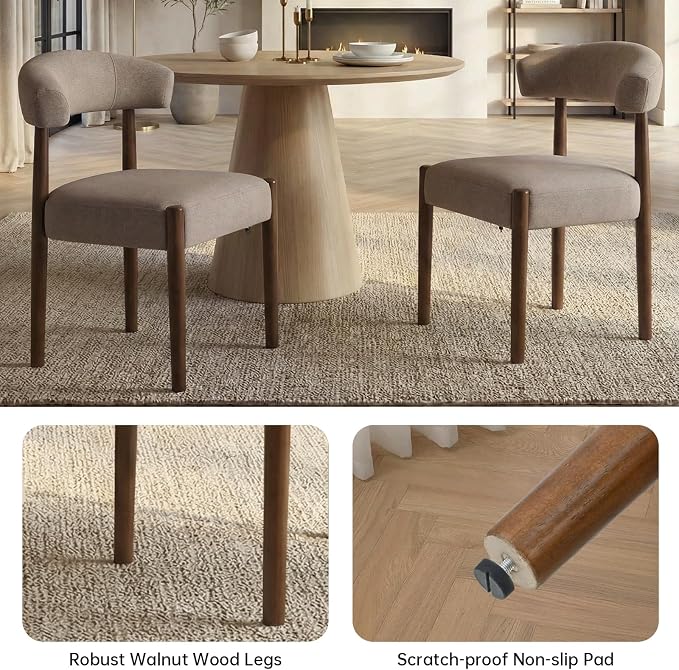 VKNOW Wooden Dining Chairs Set of 2, Modern Upholstered Dining Room Chairs with Walnut Wood Legs and Curved Backrest, Fabric Kitchen Chairs for Farmhouse/Living Room/Dining Room, Brown
