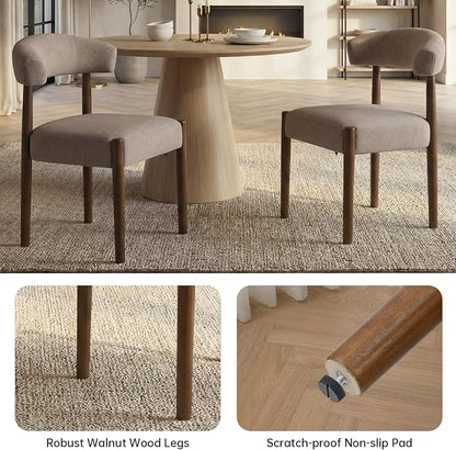 VKNOW Wooden Dining Chairs Set of 2, Modern Upholstered Dining Room Chairs with Walnut Wood Legs and Curved Backrest, Fabric Kitchen Chairs for Farmhouse/Living Room/Dining Room, Brown