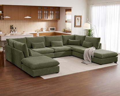 154" Oversized Chenille Couch Modular Sectional Sofa, Washable Cloud Couch Sectional with 4 Ottoman, 8 Seater Sectional Couches for Living Room, Fully Cover Removable, Sleeper Sofa, Chenille, Green