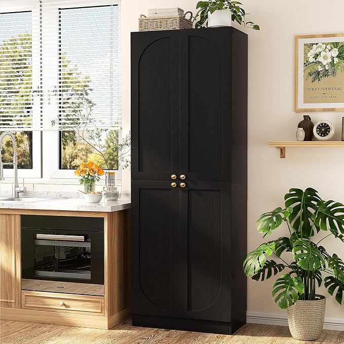 Cyclysio 80" Kitchen Pantry, Extra Tall Arch Storage Cabinet with 4 Soft Close Doors and Adjustable Shelves, Freestanding Wood Cupboard with Seamless Fit Wall for Dining Living Room (Black, 1 Pack)