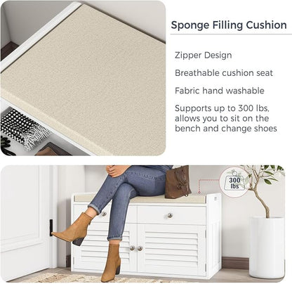 WARMHONIU Shoe Storage Bench with 2 Drawers, Entryway Bench with Cushion, Adjustable Shelves, Shoe Rack Bench with Louvered Doors for Entryway, Bedroom, Hallway, White