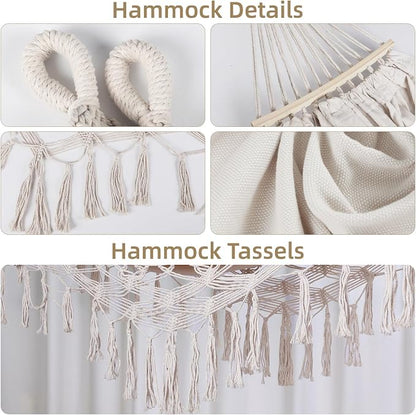 Bellzacasa Double Hammock, Heavy Duty 500 lb Load Capacity Tassels and Fishtail Knitting Portable Camping Hammocks with Mounting Straps for Outdoor Camping Patio Balcony Beige