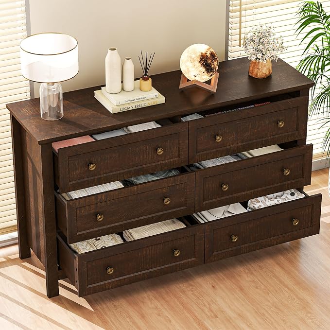 Farmhouse Dresser Nightstand Sets, 3-Piece Bedroom Furniture Set for Home | 6 Drawer Dresser Closet & 3 Drawer Nightstand Set of 2, Chest of Drawers for Bedroom, Living Room, Entryway, Dark Brown