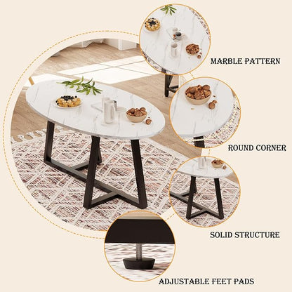 Wolawu Coffee Table Small Oval Table,White Faux Marble Table for Living Room, Modern Center Tea Tables for Small Space,Wooden Tables End Tables with Sturdy Black Metal Leg