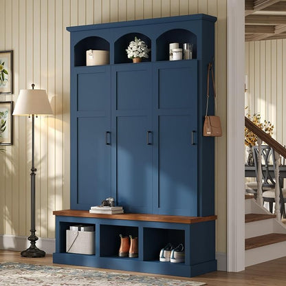 Merax Classic Arched Hall Tree with 3 Hidden Storage, Farmhouse Mudroom Bench with 5 Hooks, Mid-Century Entryway Organizer for Shoes, Blue