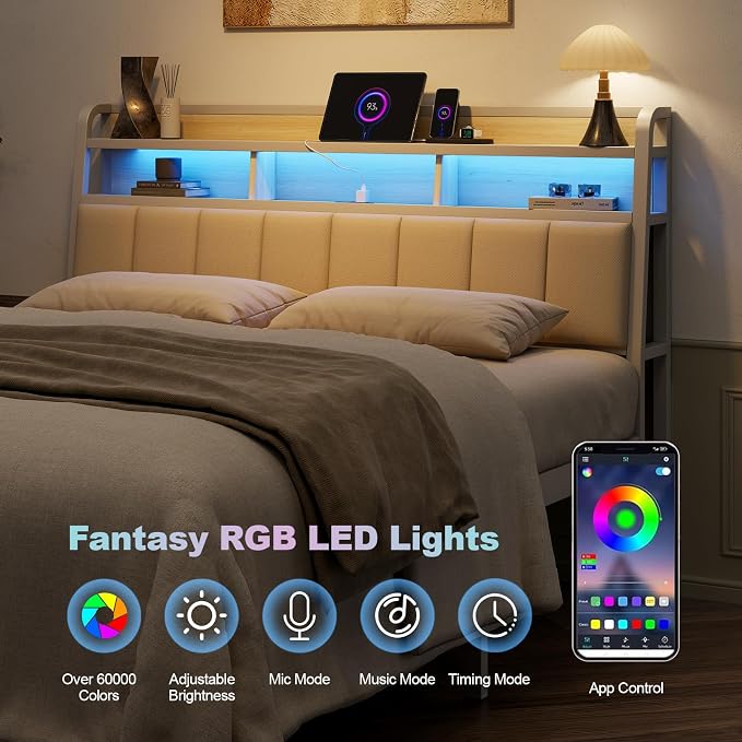 Queen Headboard Only with Storage, Upholstered Headboards for Queen Size Bed with LED Light, Charging Station, Height Adjustable, Sturdy and Stable Headboard, Off White