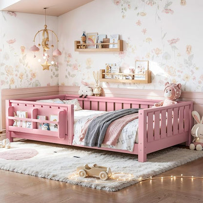 Bellemave Twin Floor Bed with Rails and Slats, Twin Size Montessori Floor Bed with Bookshelf and Fence, Easy Assemble Montessori Beds Frame for Girls, Boys, Pink