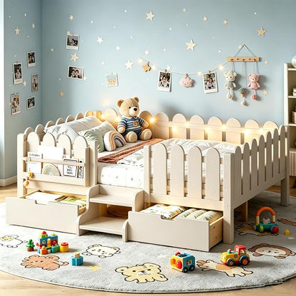 Bellemave Full Size Platform Bed with Storage Drawers & Bookshelf for Boys Girls, Kids Full Bed Frame with LED Lights & Stairs for Children's Room, Beige