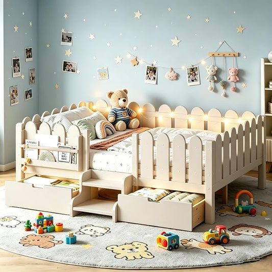 Bellemave Full Size Platform Bed with Storage Drawers & Bookshelf for Boys Girls, Kids Full Bed Frame with LED Lights & Stairs for Children's Room, Beige
