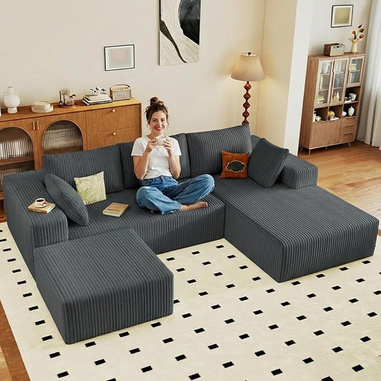 95" Cloud Sectional Couch U-Shaped Chaise with Ottoman, Corduroy Boneless Couch for Living Room Bedroom, Deep-Seat Upholstered Modular Cloud Sofa, No Assembly Required (Grey, Right Facing Chaise)