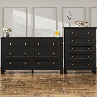 Farmhouse Dresser Nightstand Sets, 2-Piece Bedroom Furniture Set for Home | 5 Drawer Tall Dresser & 6 Dresser Closet , Chest of Drawers for Bedroom, Living Room, Entryway, Black