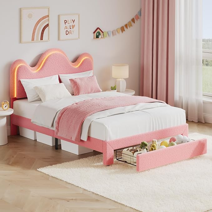 IDEALHOUSE Twin Bed Frame with LED Headboard and Under-Bed Drawer, Metal Upholstered Platform Bed with LED Light for Kids, Girls, Lamb Fleece Fabric, Wooden Slats Support, No Box Spring Needed, Pink