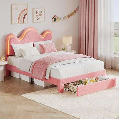 IDEALHOUSE Twin Bed Frame with LED Headboard and Under-Bed Drawer, Metal Upholstered Platform Bed with LED Light for Kids, Girls, Lamb Fleece Fabric, Wooden Slats Support, No Box Spring Needed, Pink