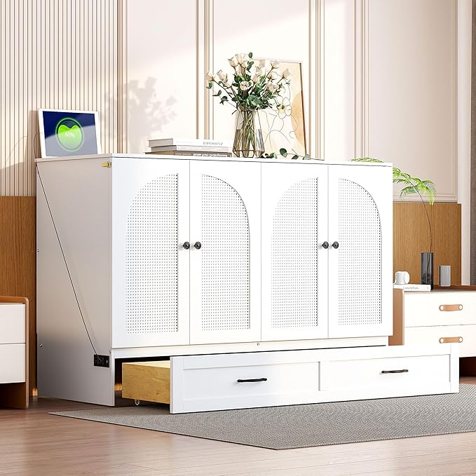 Ball & Cast Full Size Murphy Bed Hideaway Wall Chest with Large Drawers,can be Folded,Storage Space-Saving Furniture Hideaway Platform Bedframe W/USB Charging Port,for Bedroom,Gray