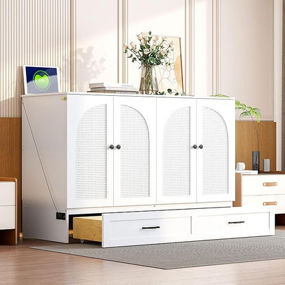 Ball & Cast Full Size Murphy Bed Hideaway Wall Chest with Large Drawers,can be Folded,Storage Space-Saving Furniture Hideaway Platform Bedframe W/USB Charging Port,for Bedroom,Gray