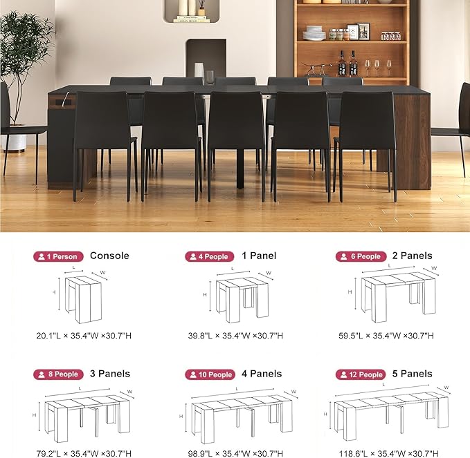Extendable Dining Table, Transformer Console Table with Storage & Charging Ports, Folding Dining Table for 10-12 People, Space Saving Modern Furniture, Black