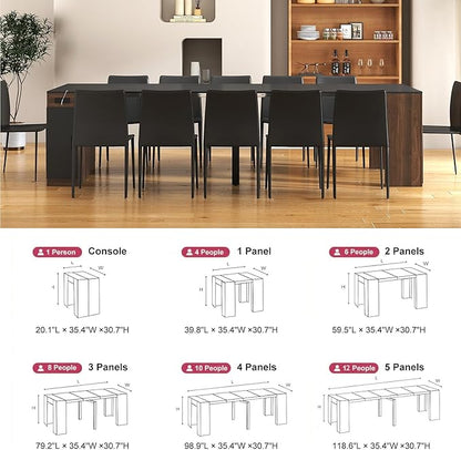 Extendable Dining Table, Transformer Console Table with Storage & Charging Ports, Folding Dining Table for 10-12 People, Space Saving Modern Furniture, Black