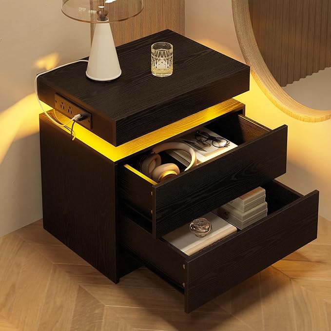 LIKIMIO Nightstand Set of 2 with Charging Station LED Light 2 Drawers Black | set of 2; bedside table; end table; charging station; LED light; 2 drawers; black wood grain; small space