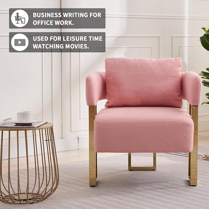 YISHENG Modern Barrel Accent Chairs Set of 2, Living Room Side Chairs with Golden Metal Legs Soft Upholstered Reading Armchairs no Wheels for Vanity/Reception Room/Bedroom/Lounge/Office,（Pink Teddy）
