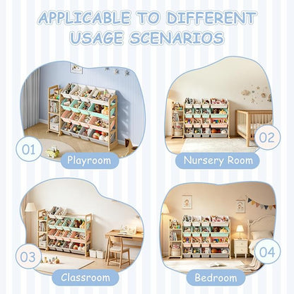 EXPERLAM Toy Storage Organizer, Toy Storage Shelf with 3 Shelves and 16 Storage Bins (12 Small + 4 Large), 3-in-1 Kids Bookshelf for Kids Rooms, Playroom, Nursery, Multi