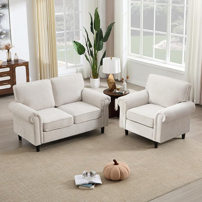 Kingfun Loveseat 2 Seater Couch with Chair, Mid Century Modern Chenille Sofa Set with Rolled Arms and Deep Seats, Fluffy Comfort for Living Room, Apartment, Easy Assembly, Beige