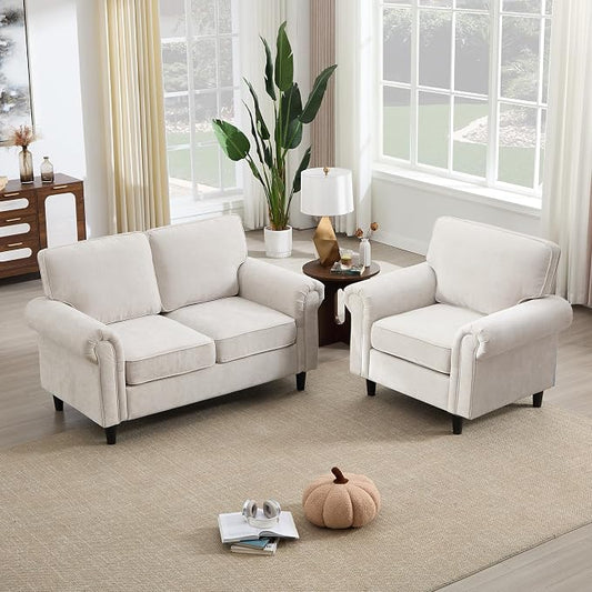 Kingfun Loveseat 2 Seater Couch with Chair, Mid Century Modern Chenille Sofa Set with Rolled Arms and Deep Seats, Fluffy Comfort for Living Room, Apartment, Easy Assembly, Beige