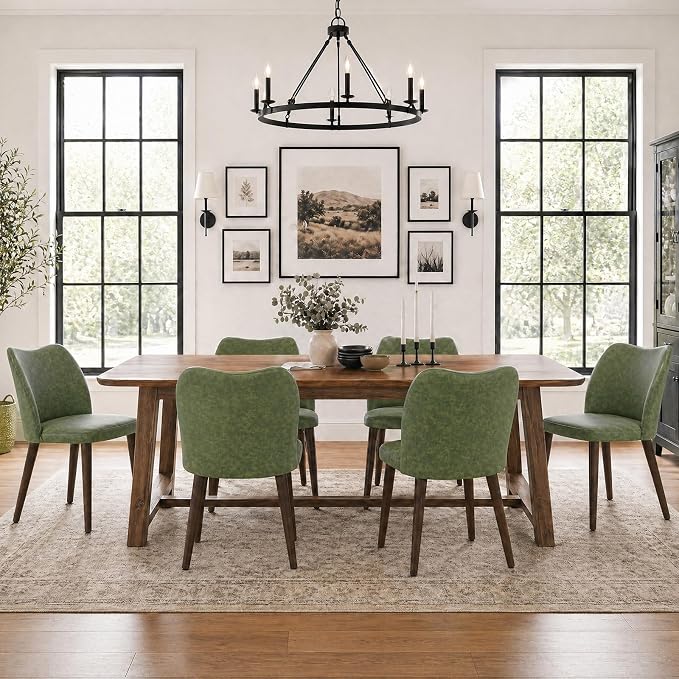 COLAMY Dining Chairs Set of 6, Upholstered Leather Kitchen Chairs with Curved Back, Padded Seat and Solid Wood Legs, Modern Dining Chair for Kitchen Dining Room, Green