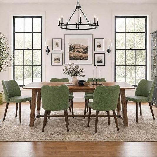 COLAMY Dining Chairs Set of 6, Upholstered Leather Kitchen Chairs with Curved Back, Padded Seat and Solid Wood Legs, Modern Dining Chair for Kitchen Dining Room, Green
