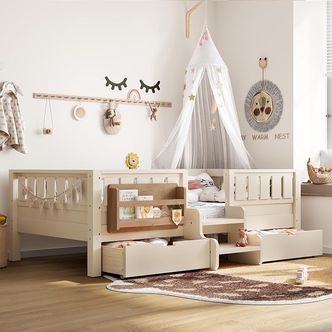 Bellemave Twin Montessori Bed with Stairs, Rails and Slats, Twin Size Montessori Floor Bed with Bookshelf and 2 Storage Drawers, Easy Assemble Beds Frame for Girls, Boys, Beige