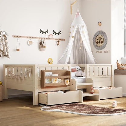 Bellemave Twin Montessori Bed with Stairs, Rails and Slats, Twin Size Montessori Floor Bed with Bookshelf and 2 Storage Drawers, Easy Assemble Beds Frame for Girls, Boys, Beige