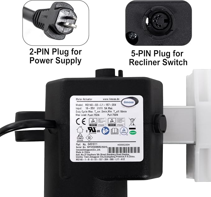 Fromann Limoss 451011 Motor (MD140-02-L1-157-204) Actuator Replacement Kit with Power Supply, Cables and Switch Control for Recliner Sofa Chair