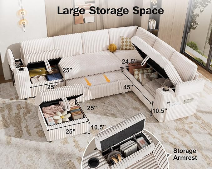 Vipbear 111" Modular Sectional Sleeper Sofa with Pull Out Bed, 7 Seat Corduroy L Shaped Couch with Ottoman|USB Ports|Cup Holders|Side Table|Storage Armrest, Tool Free Assembly, Beige