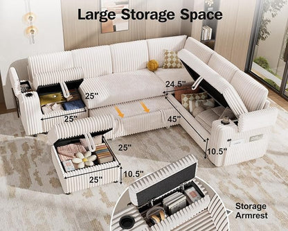 Vipbear 111" Modular Sectional Sleeper Sofa with Pull Out Bed, 7 Seat Corduroy L Shaped Couch with Ottoman|USB Ports|Cup Holders|Side Table|Storage Armrest, Tool Free Assembly, Beige