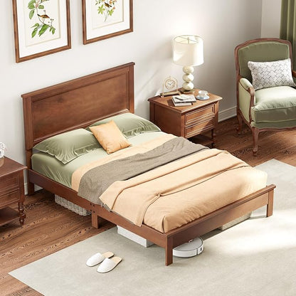 Giantex Wood Full Platform Bed Frame with Headboard, Mid Century Bed Frame with Solid Wood Legs & Wooden Slat Support, Pallet Bed Mattress Foundation, No Box Spring Needed