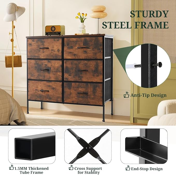 6-Drawer Dresser for Bedroom, Anti-Tip Wide Storage Organizer Chest of Drawers with Wooden Top and Metal Frame Fabric Bins for Closet, Living Room, Hallway, Entryway, Brown
