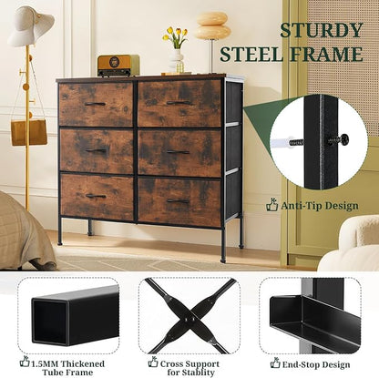 6-Drawer Dresser for Bedroom, Anti-Tip Wide Storage Organizer Chest of Drawers with Wooden Top and Metal Frame Fabric Bins for Closet, Living Room, Hallway, Entryway, Brown