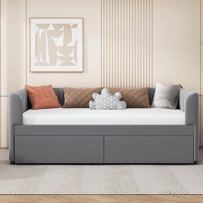 YOPTO Velvet Twin Size Upholstered Daybed with Ergonomic Design Backrest & 2 Drawers, Sofa Bed w/Classic Striped Headboard for Bedroom, Living Room, Guest Room,No Box Spring Needed,Gray