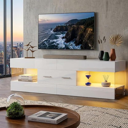 Bestier TV Stand for 55/60/65 Inch TV, High Gloss Modern TV Stand with Stone-Patterned Side Panels, LED Entertainment Center with Large Drawer, TV Consoles for Living Room, Bedroom, Glossy White