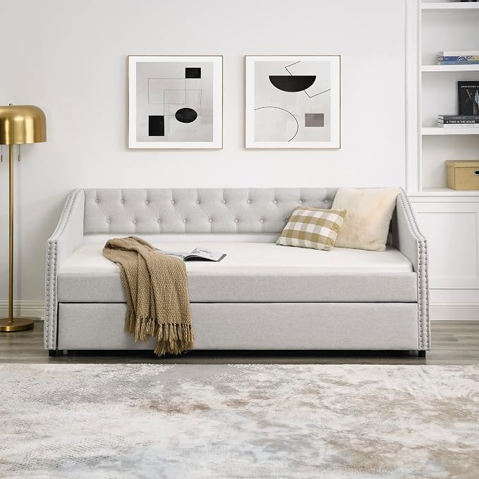 KEIKI Twin Size Upholstery Daybed with Trundle and Headboard, Mid-Century Style Tufted Sofa Bed with Button on Back, Easy Assembly, No Box Spring Required, for Living Room and Bedroom, Beige