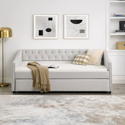KEIKI Twin Size Upholstery Daybed with Trundle and Headboard, Mid-Century Style Tufted Sofa Bed with Button on Back, Easy Assembly, No Box Spring Required, for Living Room and Bedroom, Beige