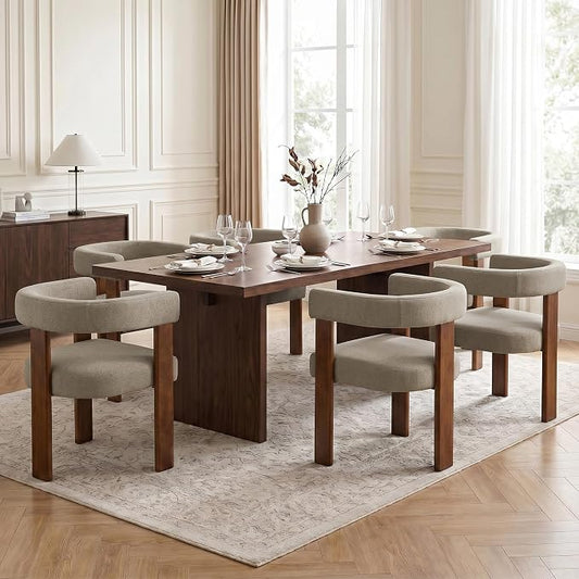 Usaint Wooden Barrel Dining Chairs Set of 6, Mid-Century Modern Upholstered Dining Room Chairs with Walnut Wood Legs and Loop Back, Comfy Accent Arm Chair for Dining Room, Kitchen, Living Room, Brown