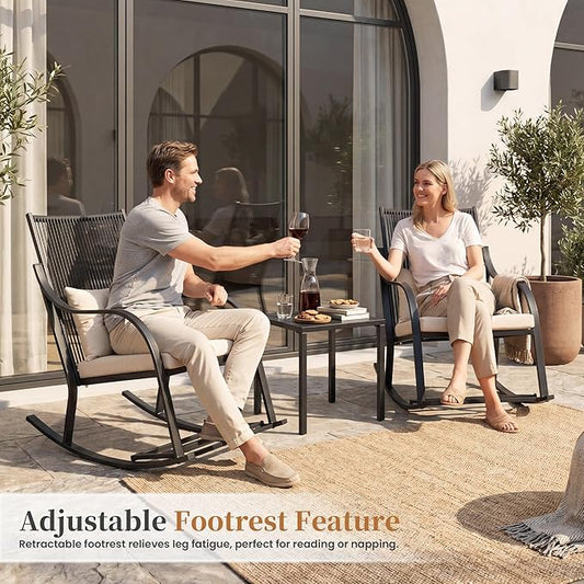 COSIEST 3-Piece Outdoor Rocking Chairs Bistro Set, All Weather Rattan Patio Furniture with 2 Chairs, Coffee Table， & Cushions for Garden, Porch, Balcony,Backyard