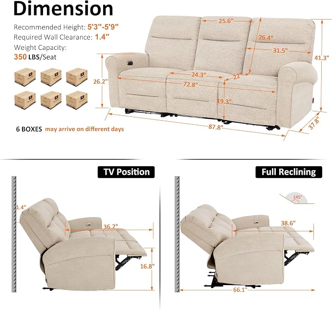 MCombo 87.8" Wall Hugger Power Reclining Sofa, 3-Seat Triple Recliner Couch with USB Ports, Rolled Arm Space Saving Recliner Sofa for Living Rooms Apartments RV, Fabric PR635M5 (Beige)