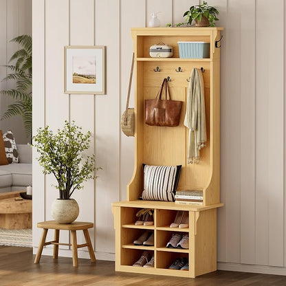 IRONCK 70"H 26"W Hall Tree with Bench and Shoe Storage, 6-in-1 Entryway Bench with Coat Rack, Adjustable Shelf, Hanging Hooks, 6 Shoe Cubby, 2 Tier Top Storage for Entryway, Bedroom, Living Room, Oak